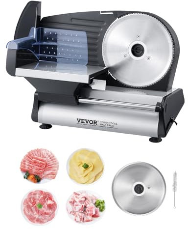 VEVOR Trancheuse à viande domestique, 180 W, trancheuse électrique pour aliments de charcuterie, avec 2 lames en acier inox de haute qualité, épaisseur réglable 0-15 mm, pour viande, pain dur, fromage