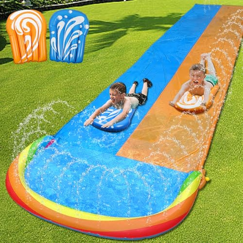 MorTime 22.5ft Slip Water Slide with Sprinklers, Slip and Slide with 2 Inflatable Bodyboards and Splash Pool Waterslide Backyard Lawn Outdoor Water Toy