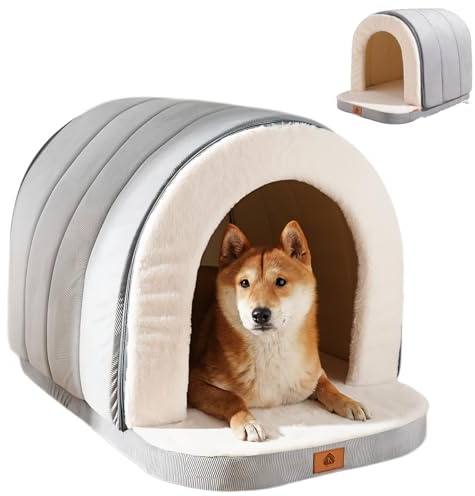 ERNAN Cama para Gatos y Perros Pequeños,Cama de Felpa Plegable 2 en 1 para Mascotas,Cueva para Mascotas Plegable con Fondo Antideslizante (Grey, M)