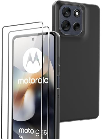 Rojeuinn hülle für Motorola Moto G56 5G + 2 Stücks panzerglas, 9H Härte Ultra-klar Displayschutzfolie,Soft Matte Schutzhülle Handy Case -Schwarz