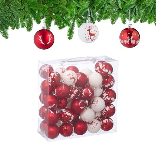 Relaxdays Weihnachtskugeln 50er Set, Kunststoff, Tannenbaumkugeln Rentier-Motive, Ø 6 cm, Weihnachtsbaumkugeln, Farbwahl