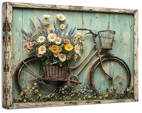 Alptiny Wandbild mit Rahmen 30×40 cm – Vintage Fahrrad Blumen & Natur Leinwandbild für Wohnzimmer Schlafzimmer Küche Büro – Botanical Print inkl. Haken, Nägel & Magischer Klettbefestigung – Wanddeko