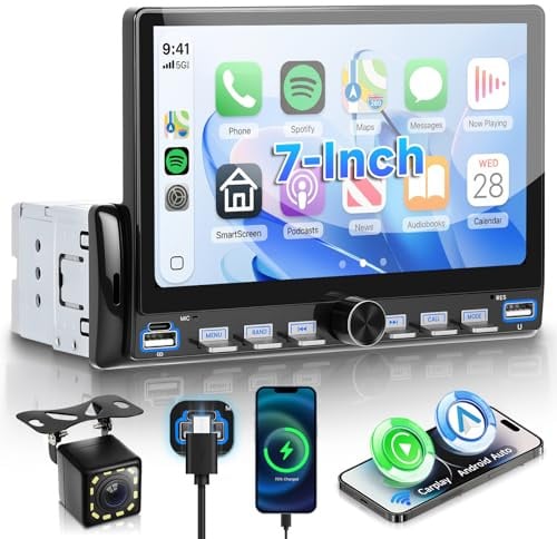 VECHTEL Radio de Coche 1 DIN Teclas de Piano con CarPlay Android Auto Inalambrico, 7 Pulgadas IPS HD Pantalla Táctil Radio Coche Soporte Bluetooth Radio FM USB/Tipo-C Mirror Link SWC Cámara Trasera