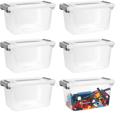 6 Pack Clear Storage Boxes with Lids, Plastic Storage Box with Handle | Stackable, for Blocks Puzzles, Clay, Craft Supplies, Small Models, Board Games, Storage Container for Home Office Kitchen