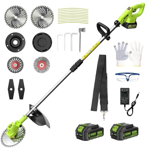 WORKIT Rasentrimmer mit Akku, Freischneider mit 2x4.0Ah Akkus und 4 Messertypen, Bürstenlose, 20V, Schnittbreite 23 cm, für Rasenschneiden Rasenpflege Auffahrt und Garten