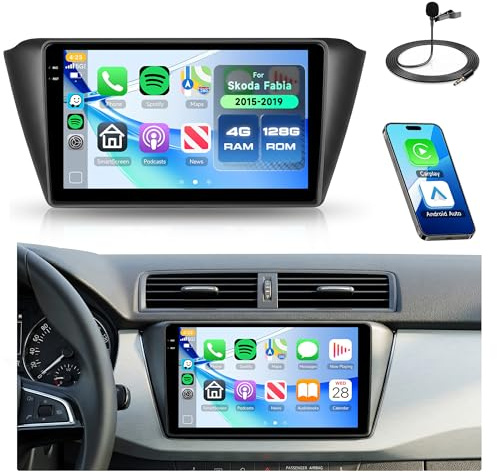 Rimoody 4G+128G Radio de Coche para Skoda Fabia 2015-2019 Carplay Wireless, 9 Pulgadas IN-Cell Android 15 Radio con Android Auto FM/RDS/EQ Navegación GPS Mirror Link Bluetooth WiFi