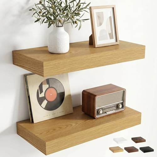 Wandregal 40 cm, 2er set Schweberegal, 19,5 cm tief, 13 kg belastbar, Eiche | Wandregal Holz, extra tief, Regalbrett mit robuster Eisenhalterung für Küche, Schlafzimmer, Wohnzimmer, Badezimmer, Flur