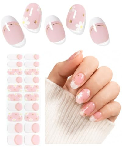 French Tip Nails Gel Nail Stickers - 20pcs Semi Cured Gel Nail Strips | Semi Cured Gel Nail Wraps with flower design UV/LED Light Needed - Long Lasting Gel for Women Nail Art