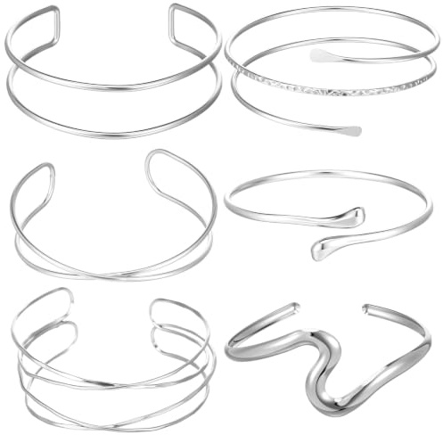 TIESOME 6 Stück Oberarmreif Silber, 8cm Armreif Oberarm Einstellbar | Armreifen Silber Damen Minimalistischen Boho Punk Swirl Armreif Griechische Coil Armband Set Zarter Geschenk für Mädchen