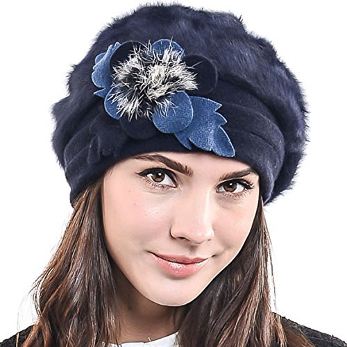 HISSHE Damen Barette Künstler Wolle Baskenmütze Angora Beanie Winter Mütze BR022 (Marine)