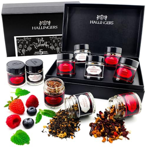 Hallingers Frohe Weihnachten WHITE - Weihnachtliche 5 Sorten Tee Geschenkset mit Box vegan, Geschenk zu Weihnachten in Schraubgläsern (Set) - Geschenk im Sommer & als perfektes Grillgeschenk | Genesun