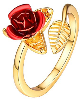 Suplight Bague Femme Ajustable Plaqué Or Jaune Décor de Rose Fleur Rouge Alliance Anneau Ouvert Doré Bijoux Fantaisie pour Jeune Fille Accessoire de Bal Soirée Mariage Fiançaille
