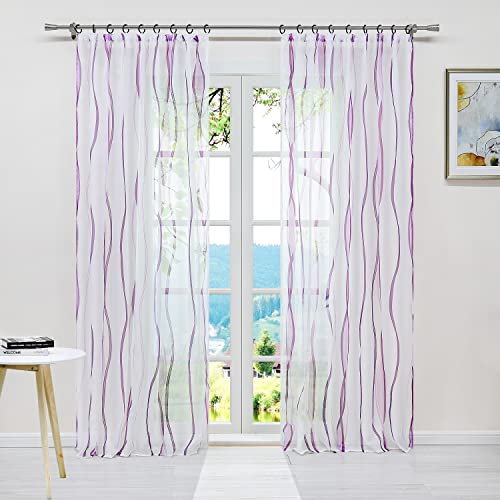 ESLIR Gardinen mit Kräuselband Vorhänge Gardinenschals Transparent Schlaufenschal Wellen Muster Voile Violett BxH 140x175cm 1 Stück