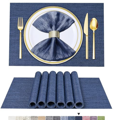 BETEAM Platzsets Abwaschbar 6er Set Vinyl Tischsets für Esstisch Waschbar Küchen Platzdecken Langlebige Tischsets für Drinnen Draußen-01 Navy Blau, 6er Set