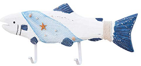 VOSAREA Nautische Türhaken Holzfischform Kleider Haken mit 2 Haken Robenhut Wandhaken Handtuchhalter Mediterran Dekoration für Schlafzimmer