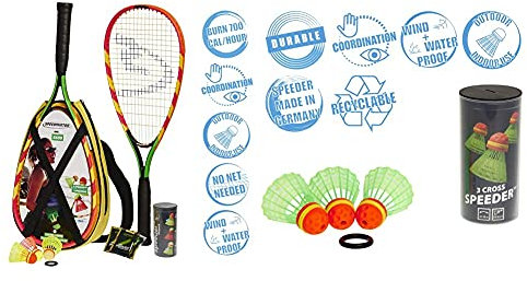 Speedminton S600 Set, Grün/Gelb/rosa, One Size & Cross Speeder – 3er Pack Speed Badminton/Crossminton Outdoor Ball inkl. Windring