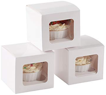 Komonee 6 x Cupcake Boxes Individual White Single Fairy Cup Cake With Clear Window Cardboard Packaging Box Baking Kids Muffins Cookies Brownies Christmas Bake Weddings