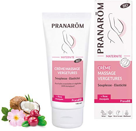 PRANARÔM - PranaBB - Crème Massage Vergetures - Souplesse & Elasticité - Aux Huiles Essentielles et Huiles Végétales Bio - Pénétration Rapide - Dès Le 1er Mois De Grossesse - Vegan - 100 ml