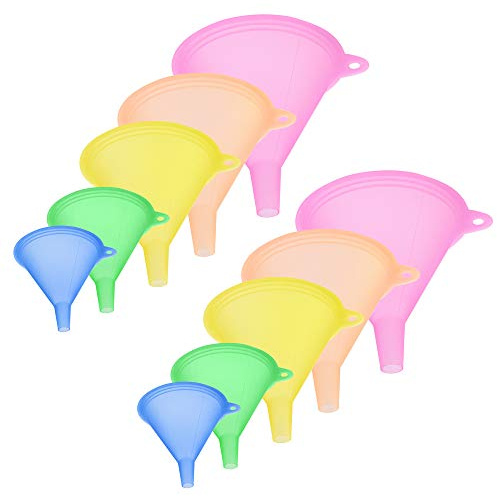 AUEAR, Candy Colors Plastic Funnel Set for Quick and Clean Transferring Kitchen Liquid Spices Powder Cosmetic Lotion Essential Oils Food Grade 5 Different Sizes (10 Pcs)