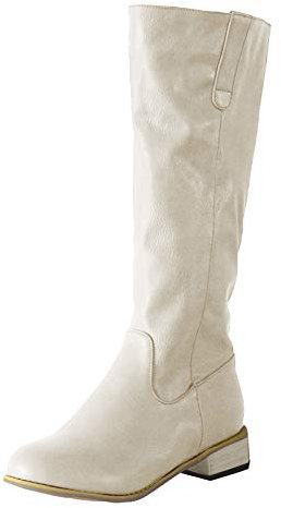 Stivali Donna Moda Pelle Tacco Basso Scarpe con Punta Tonda Slip-On Comodo Western (43,Beige)