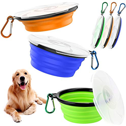 Qianyou Lot De 3 Gamelles Pliables pour Chien avec Couvercle Gamelles d'eau Portables avec Crochet en Silicone pour Les Voyages, Le Camping, Les Voyages,La RandonnéE - 1000 ML