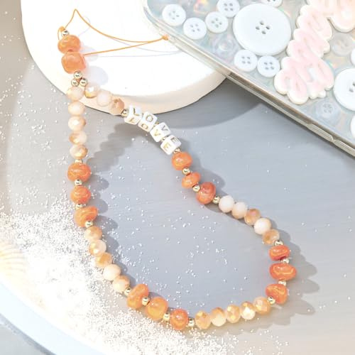 Duories Universale Handykette Perlen Handyanhänger, Handyanhänger Seil Bunte Love Kristall Stein Perlen Telefon Kette Strap für Frauen, Auto Schlüsselanhänger, 30cm Orange