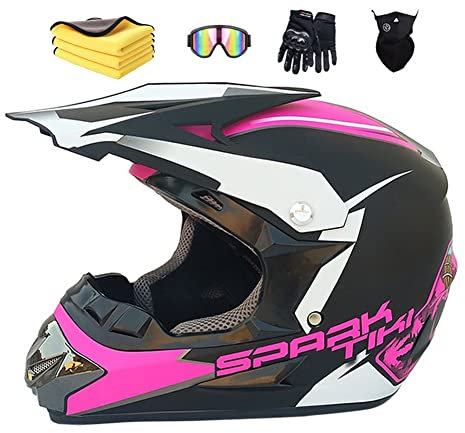 Ruiqieor Casque Moto Cross Enfant Avec Gants et Masque (S 52-56cm, Noir Poudré)