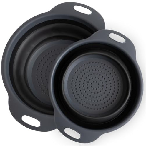 Collapsible Colander | 2-Pack Black Collapsible Strainer for Pasta, Fruits, & Vegetables | Compact Silicone Strainer Ideal for Straining all Sorts of Foods | Strainer for Everyday Use Medium