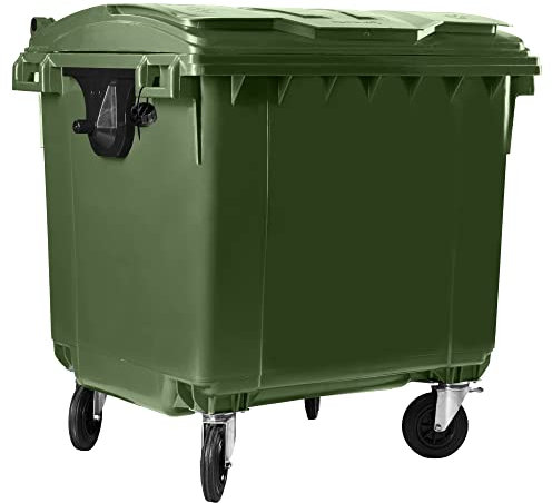 Bauer Müllcontainer mit 4 Rädern mit Flachdeckel, Müllgroßbehälter, Abfalltonne, Mülltonne, Volumen: 1 100 Liter, Farbe: Grün, Größe: 1 344 x 1 370 x 1 070 mm