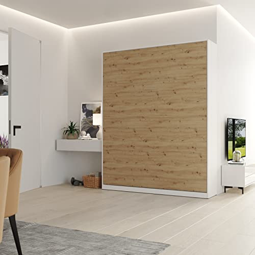 Schrankbett Classico 160x200 cm Vertikal Weiß/Wildeiche mit GASDRUCKFEDERN, Wandklappbett,Wandbett fürs Wohnzimmer, Gästezimmer, Büro, Schlafzimmer