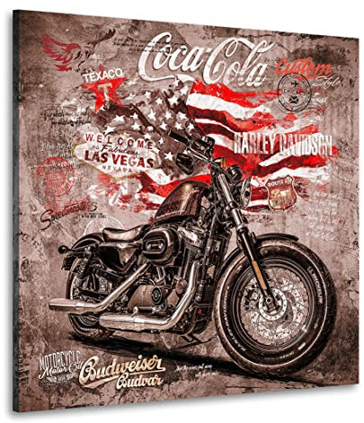 Kunstgestalten24 Leinwand Bild Motorrad Harley Davidson Old School Vintage Style Wandbild Kunstdruck Raumdeko