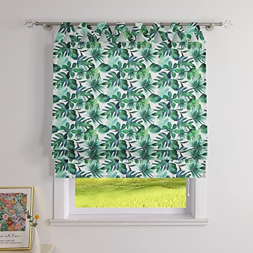CORLIF Raffrollo mit V-Schlaufen Raffgardine Blickdicht Schlaufenrollo Küche Rollos Modern mit Blätter Muster Kurze Gardine Hawaiianischer Stil B/H 100/140 cm Grün