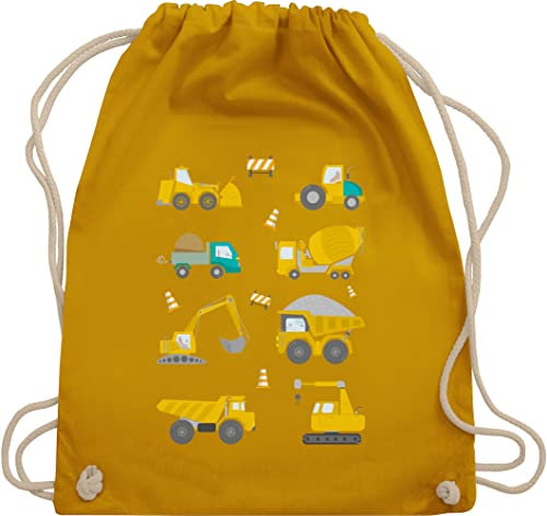 Turnbeutel Rucksack - Kinder Traktor Bagger und Co. - Baustellen Fahrzeuge - Unisize - Senfgelb - kindergarten kinderrucksack flugzeugen baustelle stoffrucksack für kindergartenrucksack