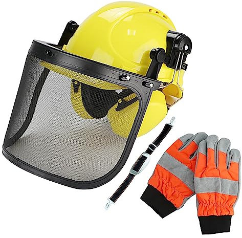 Kit de casco de seguridad para motosierra, casco de seguridad forestal con visera, orejeras y guantes de motosierra, casco protector de motosierra, sistema de protección facial y auditiva – Sistema de
