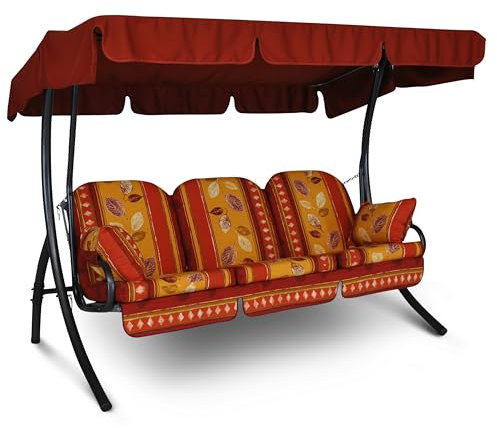Angerer Freizeitmöbel GmbH Hollywoodschaukel Ibiza - Gartenschaukel Made in Germany - Schaukel zum Sitzen, Liegen und Entspannen - mit Bett-Funktion - einfache Montage (Rot-Orange-Gelb Gemustert)