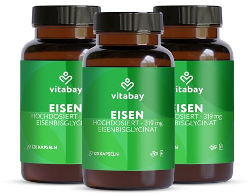Vitabay Eisen Hochdosiert 319 mg – 360 Vegane Kapseln – Eisenbisglycinat & Eisentabletten – Eisenpräparate für Sauerstofftransport, Energiestoffwechsel & Immunsystem