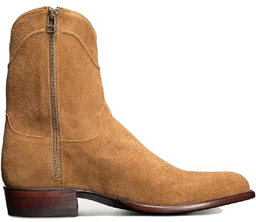 DJFOG Stivali da Motociclista da Cavaliere da Uomo Stivali Corti in Pelle Scamosciata Scarpe da Equitazione con Punta Tonda Scarpe da Cowboy Occidentali Vintage con Cerniera,Cachi,44 EU