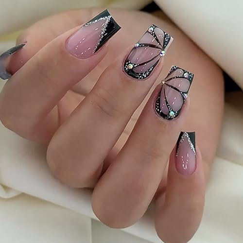 24 Pièces Faux Ongles Français Court Carré Ongles à Coller Couverture Complète Capsules Ongles Rose & Noir Brillant Acrylique Press on Nails Autocollants pour Femme et Fille Nail Art