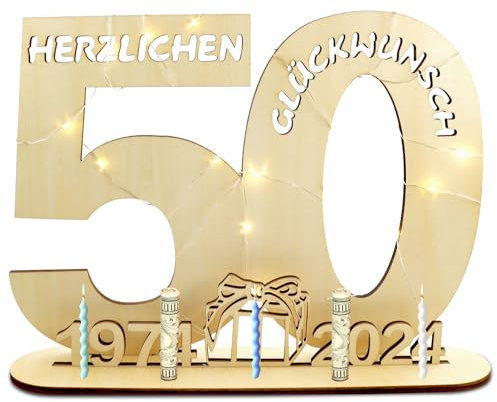 TaimeiMao Geldgeschenke 50 Geburtstag Holz Gästebuch Geburtstag Schild mit LED Lichterkette Frau & Männ für Hochzeit Jubiläum Tischdeko 1974-2024 für Familie Freunde