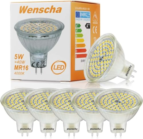 Wenscha MR16 LED-Reflektorlampe GU5.3 12V, 3.5W Ersatz für 35W Halogen, 6000K Kaltweiß, 400lm Glasgehäuse, Flimmerfrei 120° Abstrahlwinkel, Nicht dimmbar (6er-Pack)