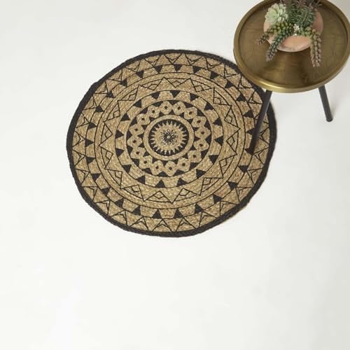 HOMESCAPES Mandala Teppich rund 70 cm, Jute-Teppich schwarz-natur, runder Teppich geflochten, geometrisch gemustert