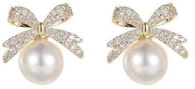GAUEIOUR Pearl Bow Earrings - Rhinestone Cute Alloy Ribbons Drop, Christmas Party Jewelry, Silver Needle Inlaid Diamond Style Design (White Pearl)