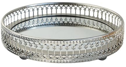 JISADER Bandeja Decorativa con Espejo Elegante, Bandeja de Espejo, Bandeja de Maquillaje, Bandeja Decorativa Adornada para tocador, encimera, hogar, Redondo S