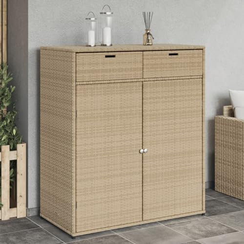KOIECETA Gartenschrank Geräteschrank mit viel Stauraum Beistellschrank Schrank mit Türen Balkonschrank Terrassenschrank Poly Rattan (Beige, 105x55x113 cm)