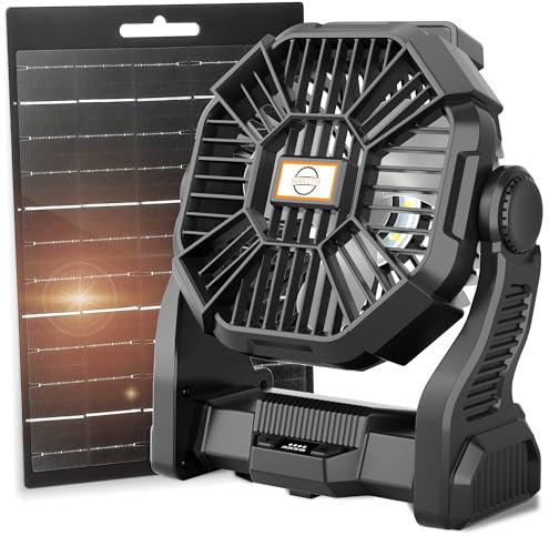 Dkois Solar Camping Fan Rechargeable, 10In Rechargeable Battery Powered Fan with 8W Solar Panel Charging, USB Personal Fan Solar Powered Fan Tent Fan with Light, Small Fan X23-Black
