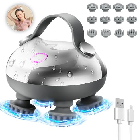 Euakee Masseur de Tête électrique,masseur de cuir chevelu IPX7 imperméable à l’eau avec 12 têtes de massage et 3 modes de massage pour la croissance des cheveux et la relaxation du corps (Argent)