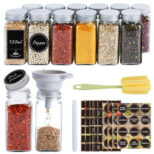 Ferghana Gewürzgläser Eckig Set，12x120ml Gewürzdosen Set，Spice Jars mit Streueinsatz，Etiketten，Reinigungsbürste，Trichter，Stift，Starke Versiegelung Gewürze Organizer，Gewürzstreuer，Gewürzbehälter