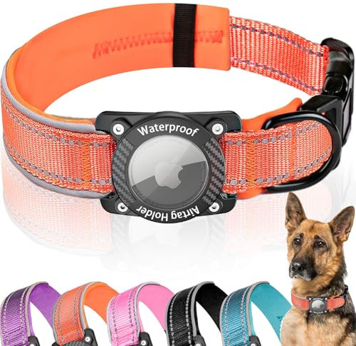 AgoumLux Airtag Hundehalsband, Air Tag Wasserdicht Hundehalsband mit Airtag Halter, Reflektierendes Airtag Halsband Hund mit Weicher Polsterung für Kleine, Mittlere und Große Hunde, Orange, XL