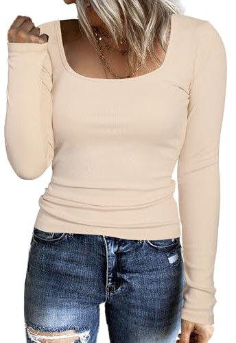 Aottori Damen Shirt Langarm mit Eckigem Ausschnitt Langarmshirt Casual Basic Oberteile Stretch Pullover Elegant Einfarbig Aprikose S