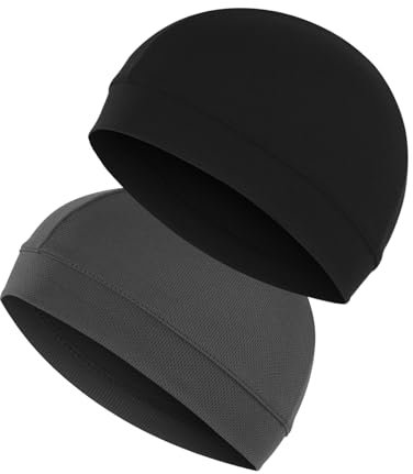 Amexo 2 Stück Schädelkappen Schwarz und Grau Radfahren Helm Liner Kappe Feuchtigkeitstran Sportierende Schädelmütze Atmungsaktiv Sommer unter Helm Hut Schweißableitende Kappe für Männer Frauen